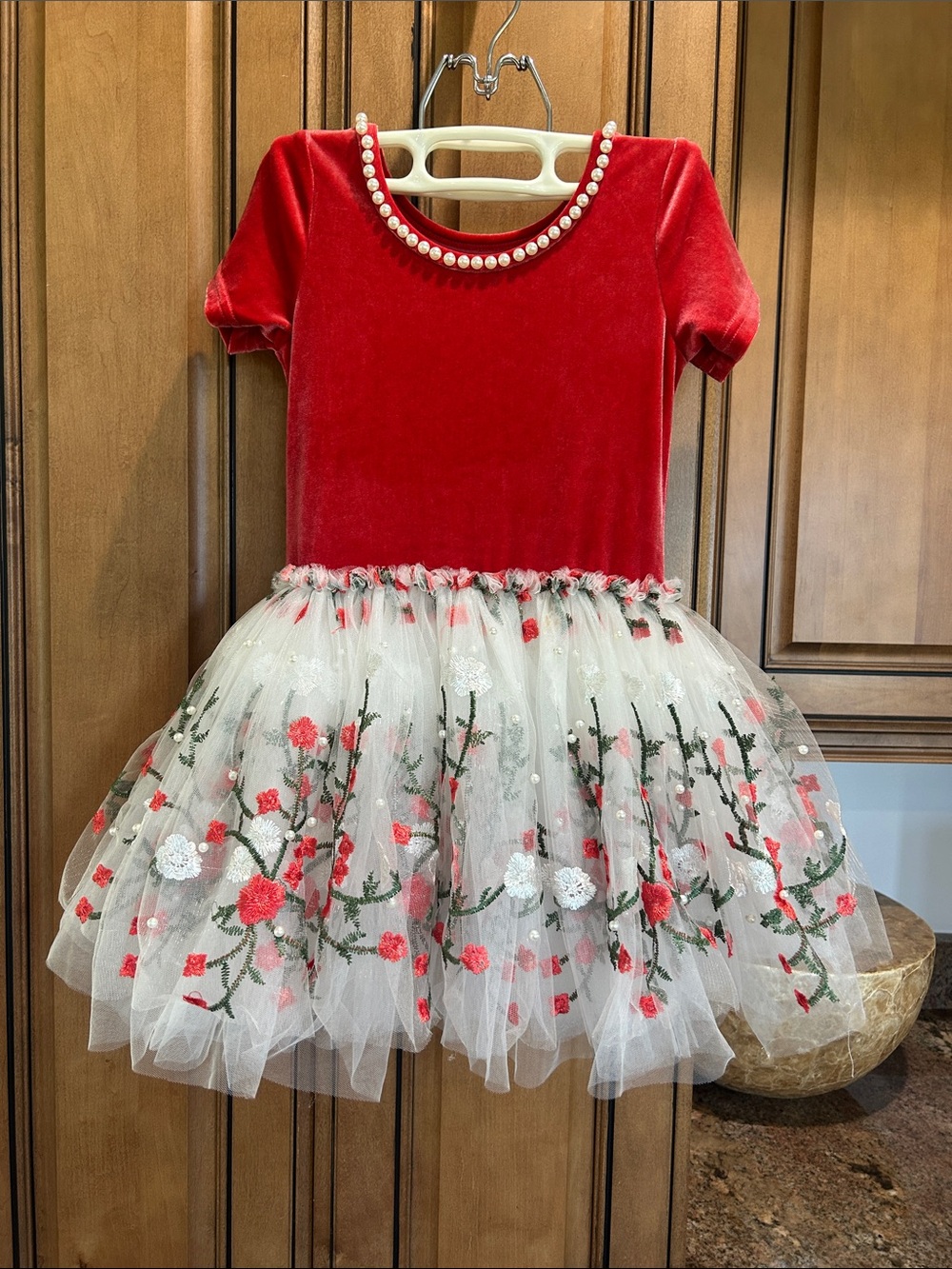 Girls' Red Velvet & Floral Tulle Party Dress with Pearl Trim